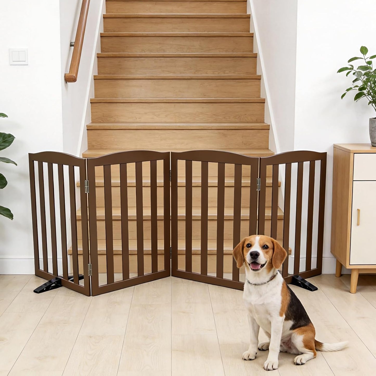 Freestanding Dog Gate Indoor,Doggie Gate Foldable Dog Gates for Doorways,Stairs or Hallways, Wooden White Pet Gate for the House, Pet Fence with Support Feet Included,24 "Height-4 Panels