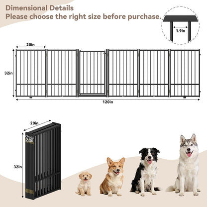 SNUOWU Full Metal Freestanding Dog Gate with Door, 32''Height Foldable Pet Dog Fence for Indoor & Outdoor, 4 Panels Extra Wide Free Standing TallDog Gates for Doorways,House,Stairs,Porch,Deck,Yard