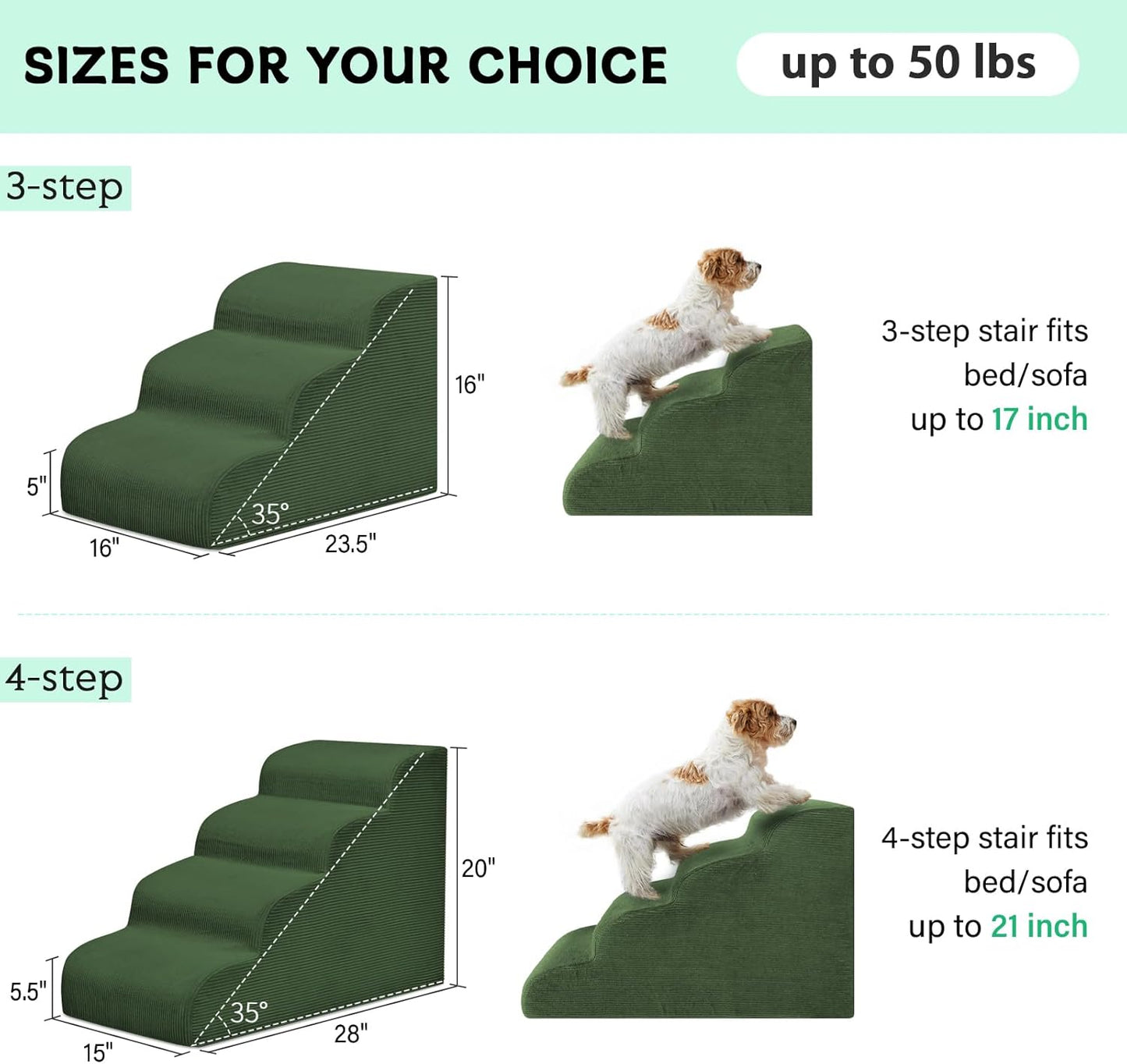 Mesa Lemon Dog Stairs & Steps for High Beds, 3 Steps High Density Foam Waterproof Dog Ramp for Small Dogs and Cats, Pet Stairs with Removable Washable Cover for Bed, Couch, Sofa and Car (H:16")