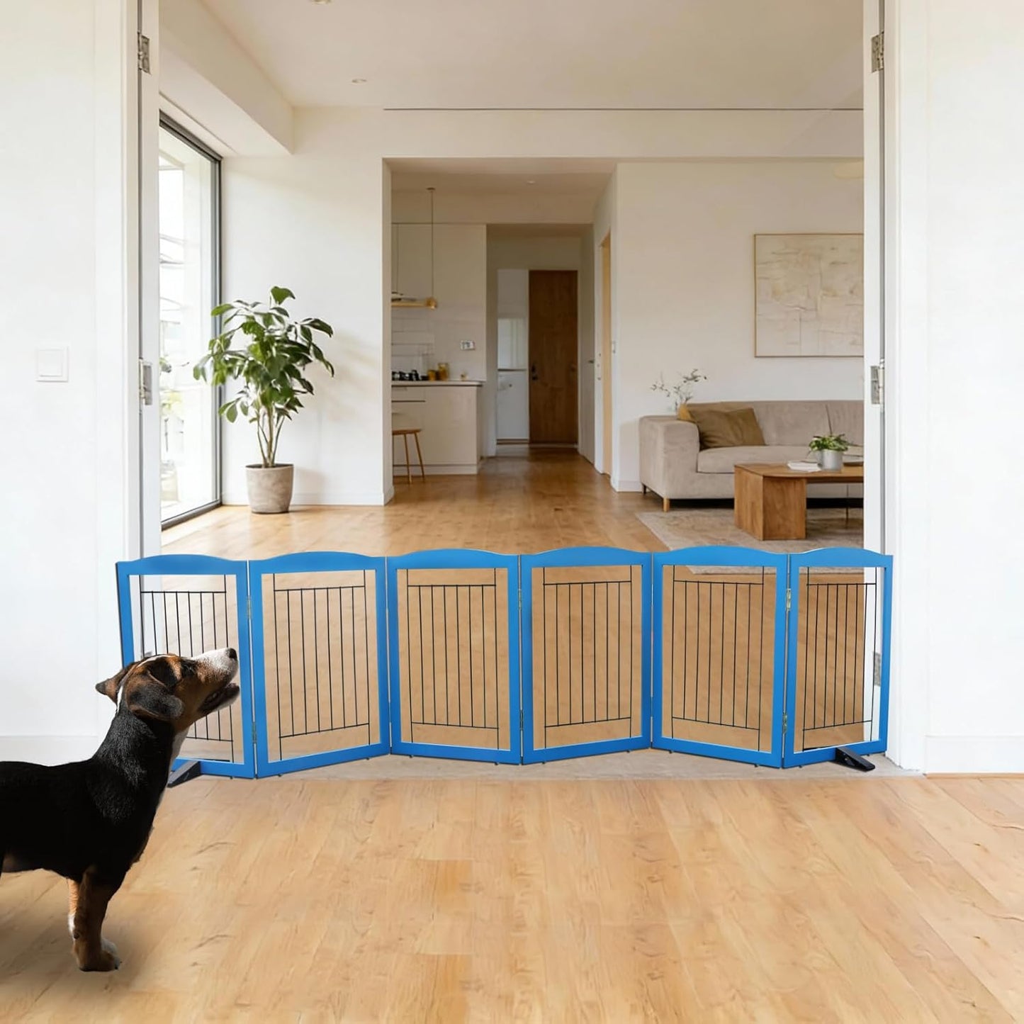 ZJSF Freestanding Dog Fence Indoor, Foldable Dog Gate for Doorways, Stairs or Hallways, Sturdy Wood Extra Wide Pet Gate with Support Feet for The House, White, 24 "Height-3 Panels