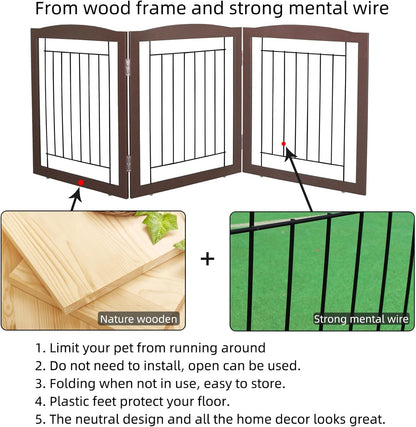 ZJSF Freestanding Foldable Dog Gate for House Extra Wide Wooden Brown Puppy Gate Stairs Dog Gates Doorways Tall Pet Gate 24 "Height 3 Panels Pet Fence