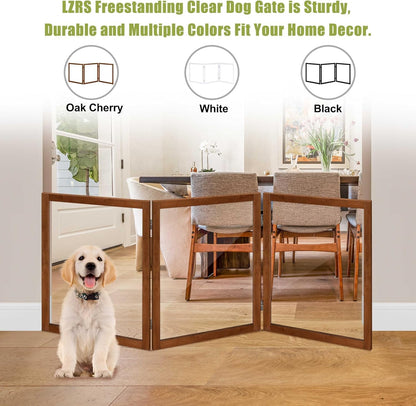 LZRS Clear Dog Gate for Indoor Use - Transparent Pet Fence with Solid Hardwood and Plastic Board, Stylish & Durable freestanding Pet Gate for Doorways, Stairs and Hallways-2 Panel Cherry