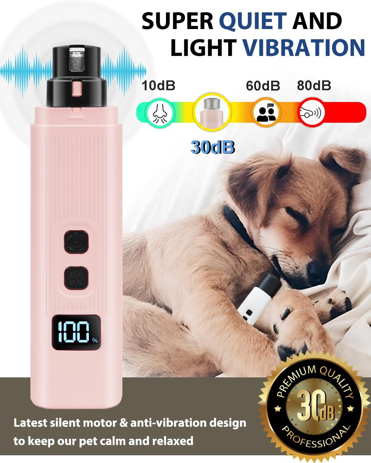 Electric Dog Nail Grinder with 2 Level LED Lights, 2 Speed 30dB Super Quiet and Low Vibration Turbo Charge Pet Nail Grinder for Small Dogs and Cats - White