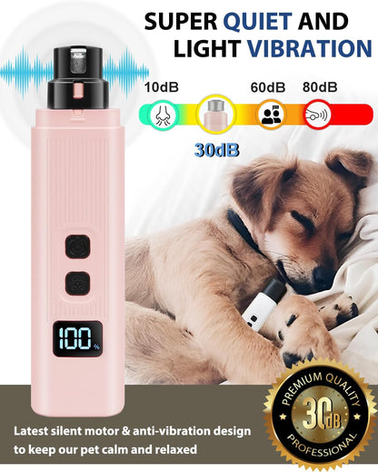 Electric Dog Nail Grinder with 2 Level LED Lights, 2 Speed 30dB Super Quiet and Low Vibration Turbo Charge Pet Nail Grinder for Small Dogs and Cats - White
