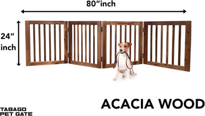 TabaGo Acacia Wood 4-Panel Freestanding Pet Gate – Retractable Folding Indoor Dog Fence, Modern Wooden Barrier for Doorways, Stairs & Hallways (24” Height, Expands to 80”)