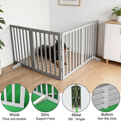 Dog Gate Indoor, Freestanding Dog Fence for The House, Doorways, Hallways,or Stairs,Pet Gate Foldable Wooden,Expandable 24" Height 3 Panels,White