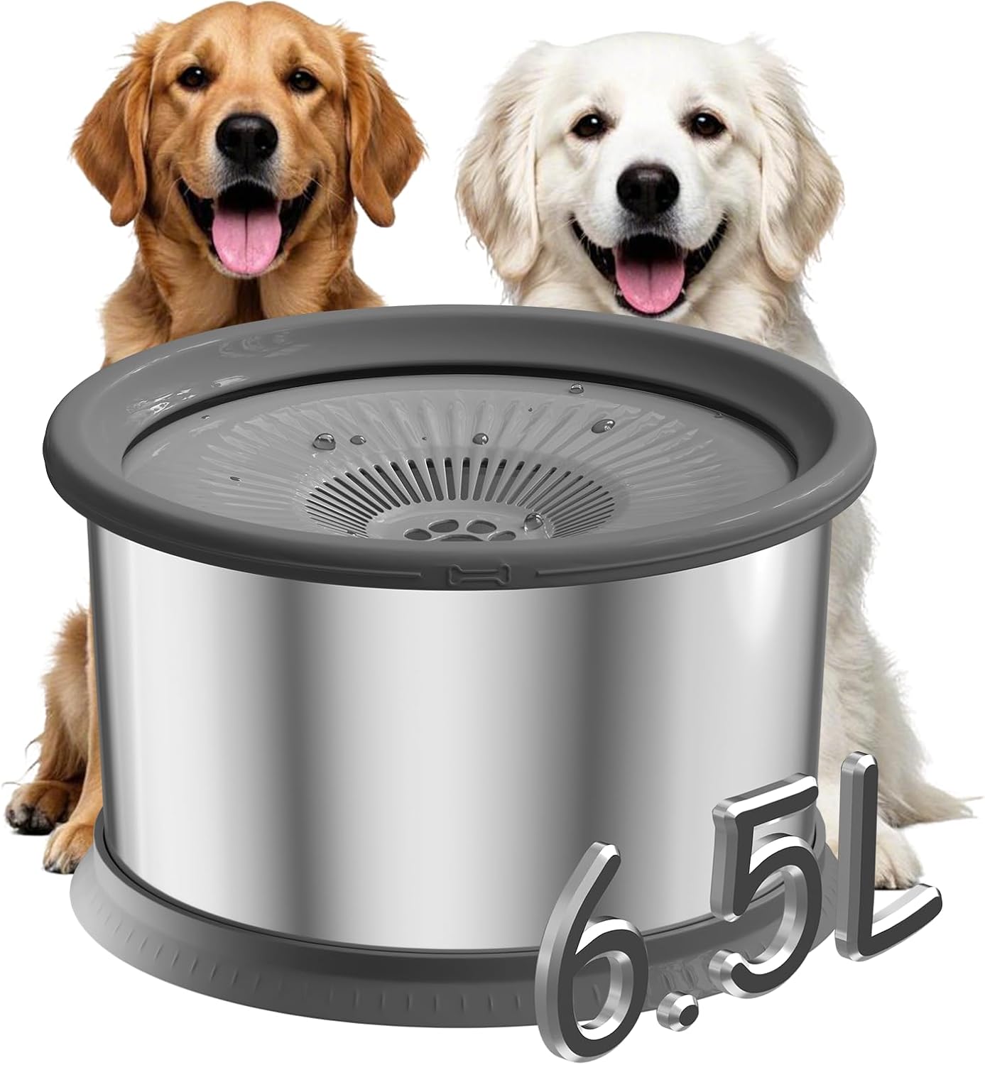 6.5L Dog Water Bowl No Spill 1.6 Gallon Stainless Steel Water Bowl for Dogs 220oz Large Capacity No Splash Slow Drinking Feeder with Anti-Slip Mat for Messy Drinkers 6.5L+2 Filters