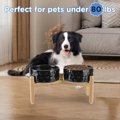 SPUNKYJUNKY Elevated Dog Bowls Ceramic, 6.1'' Dogs and Cat Food Water Bowls Raised with Non-Slip Bamboo Stand for Medium Sized Breed Microwave Dishwasher Safe - 28.7 OZ,Beige