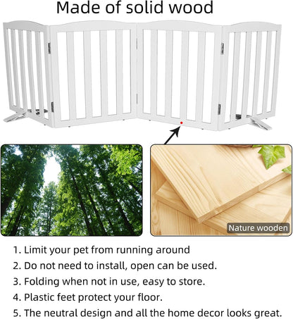 Freestanding Dog Gate Indoor,Doggie Gate Foldable Dog Gates for Doorways,Stairs or Hallways, Wooden White Pet Gate for the House, Pet Fence with Support Feet Included,24 "Height-4 Panels