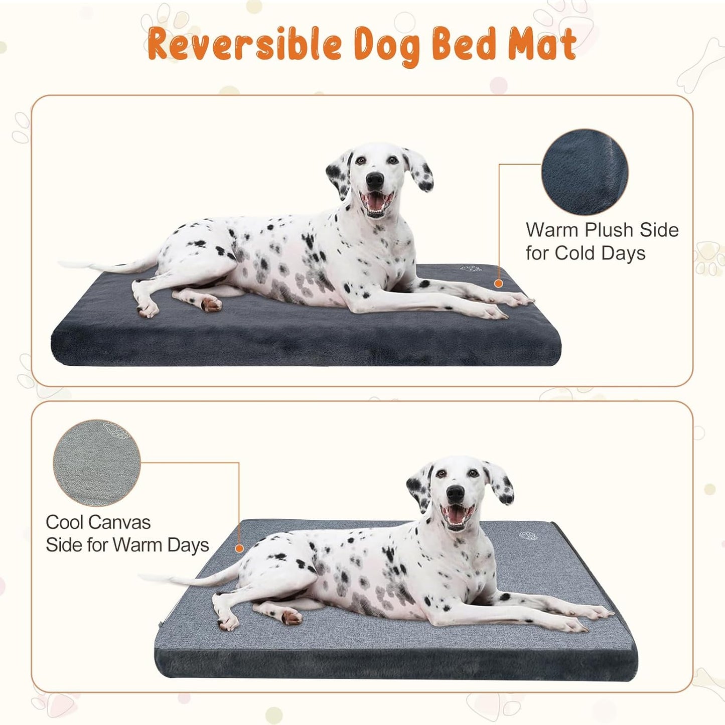 EMPSIGN Stylish Dog Bed Mat Dog Crate Pad Mattress Reversible (Cool & Warm), Water Proof Linings, Removable Machine Washable Cover, Firm Support Pet Crate Bed for Small to XX-Large Dogs, Grey