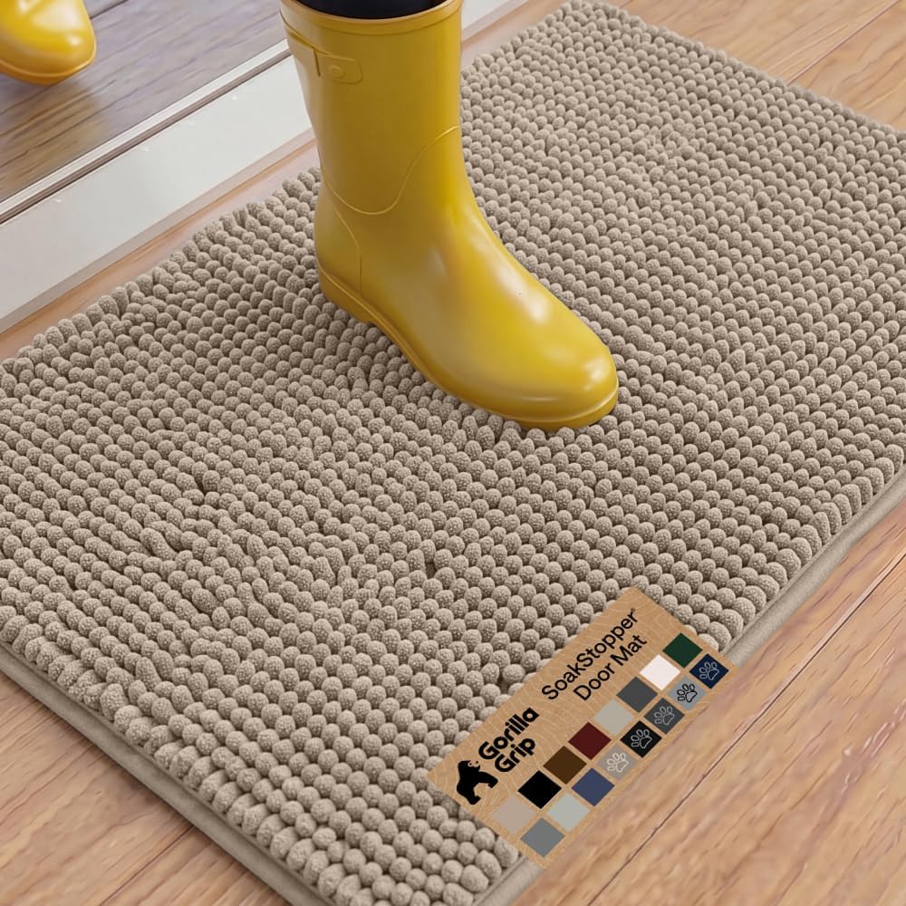GORILLA GRIP SoakSTOPPER Dog Door Mat, 30x20 Machine Washable Rug Absorbent Doormat Captures Moisture Mud Dirt, Quick Dry Soft Chenille Entryway Rugs Indoor Entrance Mats for Dog Paws, Paw Grey