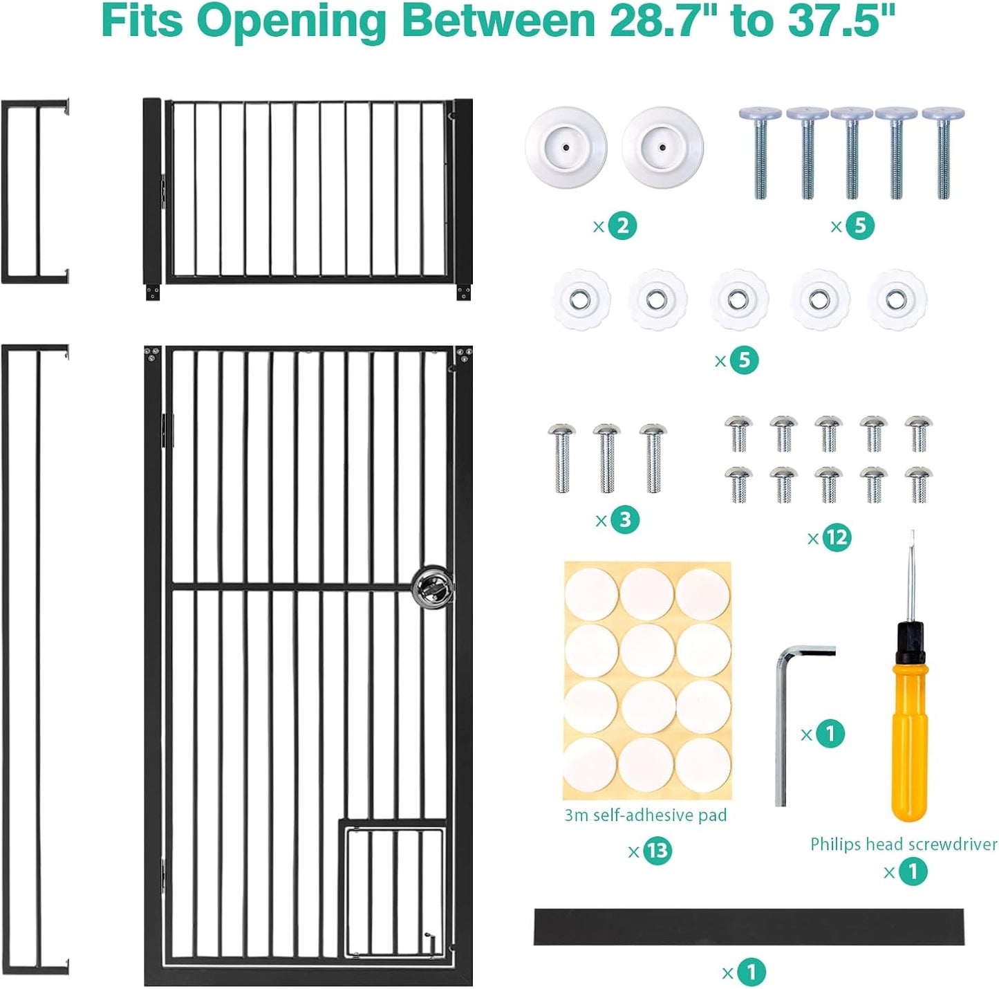 71 inch Extra Tall Gates for Cats Dogs, Adjustable 28.7" and 37.5" Wide Cat Gate, Pressure Mounted Full Door Pet Gate for Doorway, Stairs,House (Black, 71")