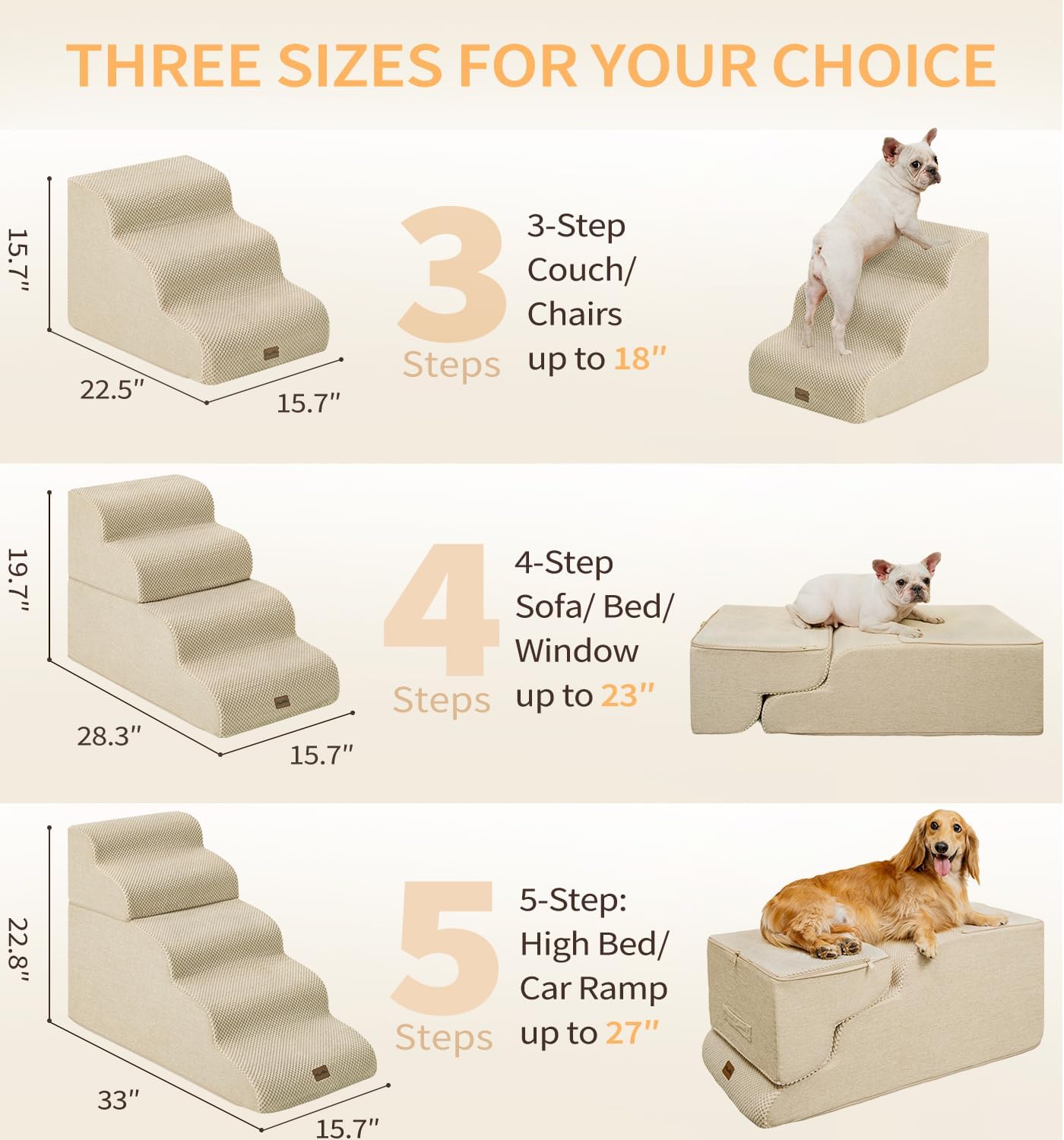 Made4Pets Dog Stairs Ramp for Small Dogs 15.7" H, 3-Step Dog Steps for Bed Couch Sofa and Chair, 35D Foam Pet Steps for Small Dogs and Cats, Non-Slip Bottom Pet Stairs, Grey