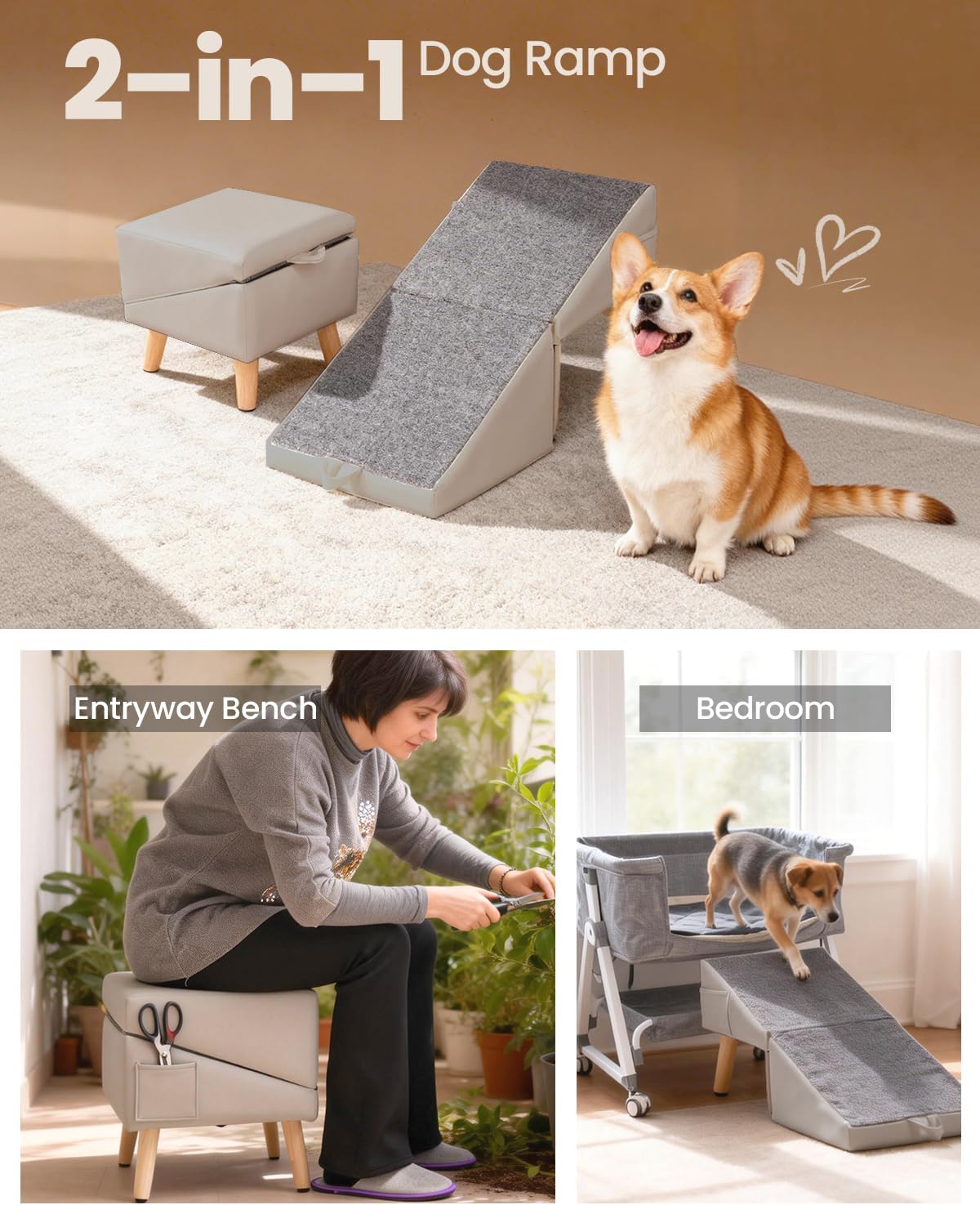 Dog Ramp for Couch & Bed, 2-in-1 Dog Stairs for Small and Medium Dogs & Cats, 16'' Indoor Pet Ramp with 23°Gentle Slope, Non-Slip Felt, Joint Protection for Senior & Injured Pets, Sturdy Ottoman-Style