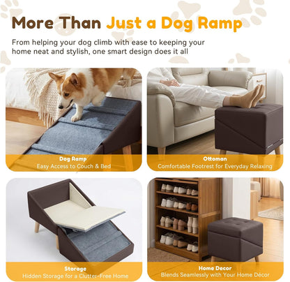 Dog Ramp for Small Dogs, 15.7" H 3-in-1 18.5" Extra Wide Foldable Ottoman & Hidden Storage Design Dog Stairs for Couch Sofa, Non-Slip Pet Steps for Puppy Senior Injured Dogs (White)