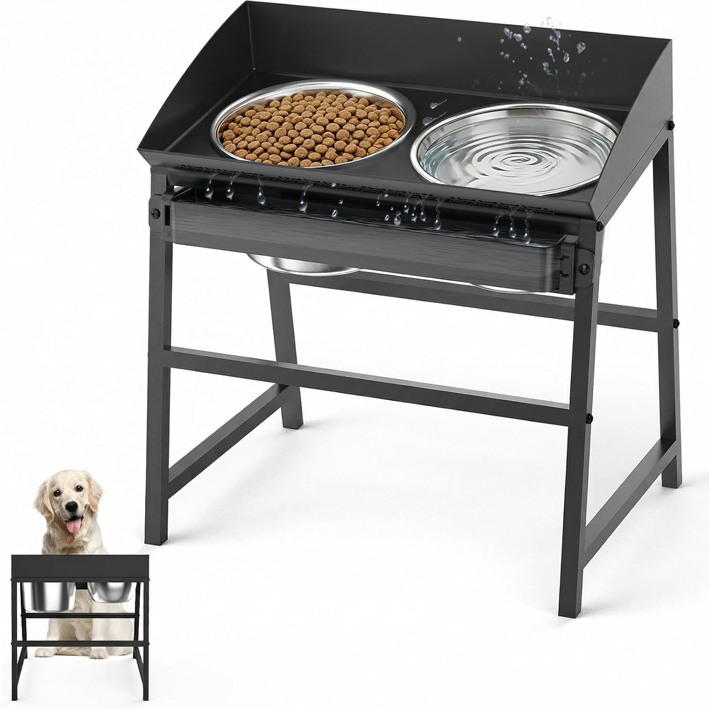 Bobbie & Laxi Elevated Dog Bowls for Large Dogs, 15-inch Tall Raised Dog Bowl Stand with Plastic Guard, Tilted Spill Proof Dog Bowl Design, Stainless Steel Food and Water Bowls for Mess-Free Floors