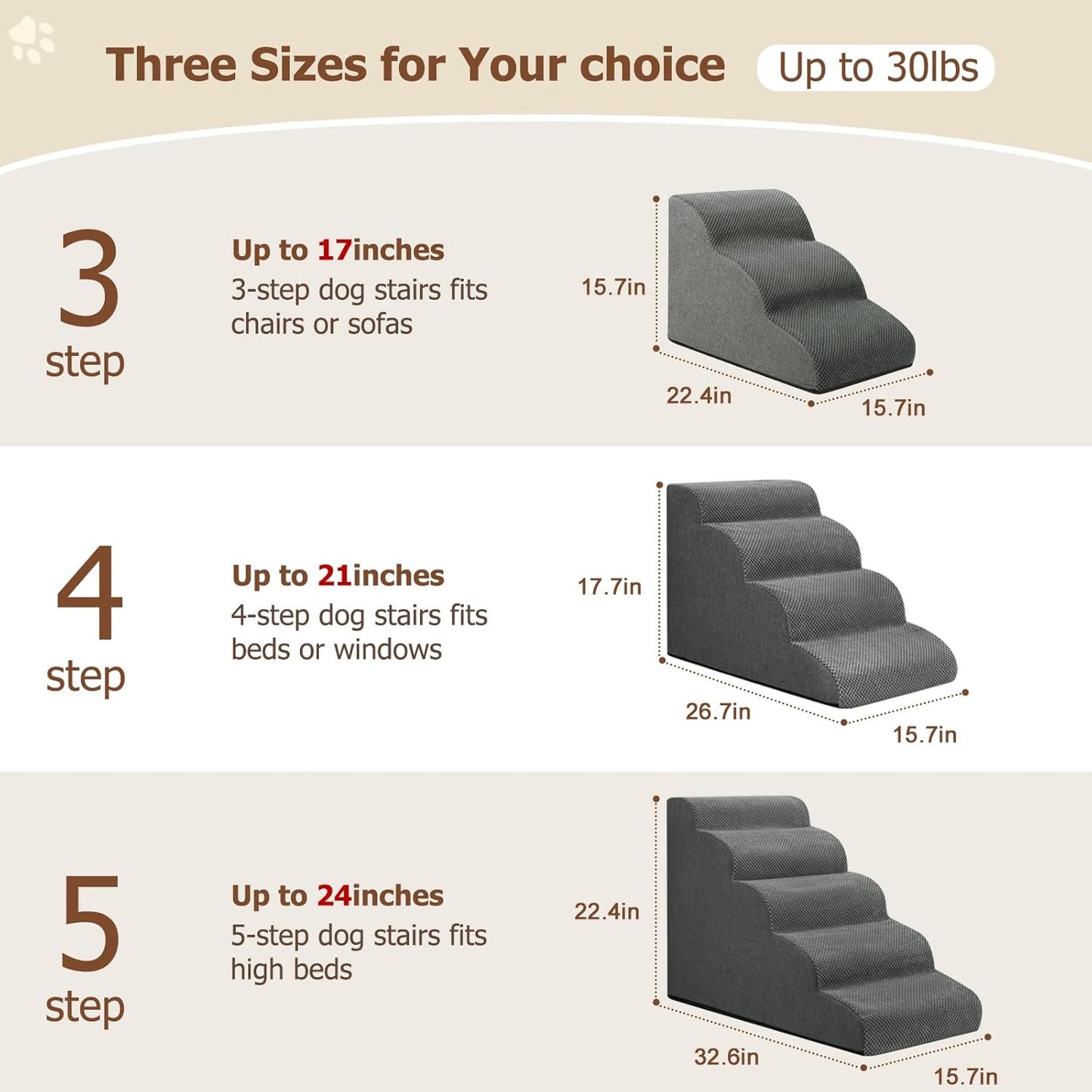 Aodisman Dog Ramp and Stairs for Small Dogs & Cats,3-Step Pet Stairs for Couch Sofa and Chair,Indoor Anti-Slip Dog Stairs for Old Cats and Puppy,Beige