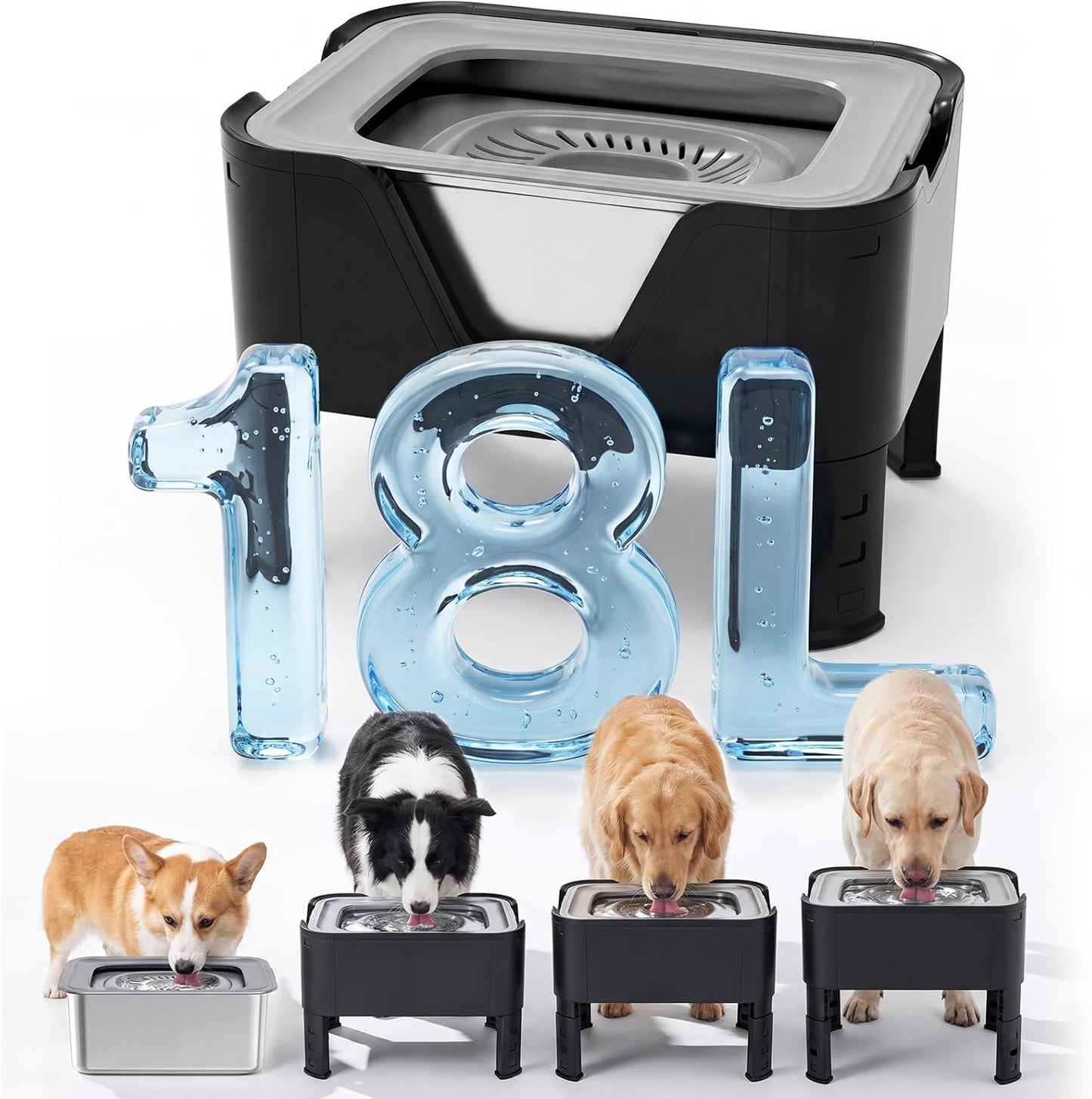 18L (4.7Gal) Extra Large (17.9x14x14.7) Elevated Dog Water Bowl, 4-Level Height Adjustable Raised Stand for Large & XL Dogs, Stainless Steel No-Spill Bowl with Replaceable Filter for Multi Dog