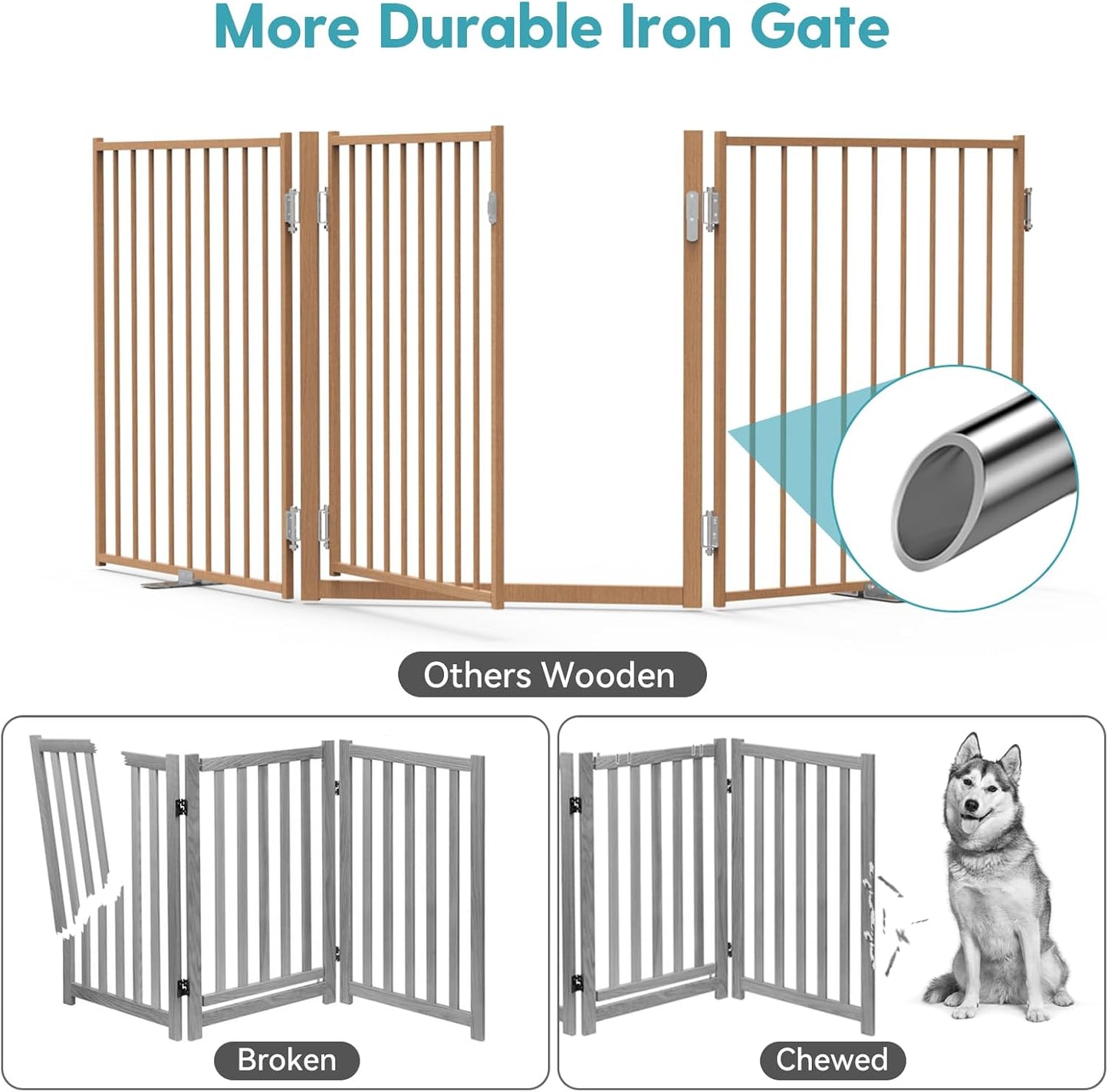 No Pawblems Free Standing Dog Gate with Door, 30'' Tall Foldable Dog Fence for Indoor & Outdoor, Up to 78 Inch Extra Wide Puppy Gate for Stairs, Hallways, Doorways, Deck, Yard (Black, 3 Panels)