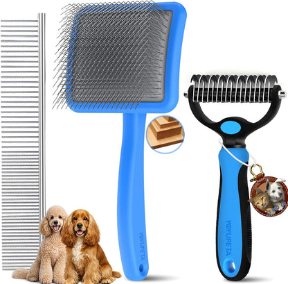 Large Dog Slicker Brush for Goldendoodles, Poodles - 3 in 1 Grooming Kit with Undercoat Rake, Comb - Extra Long Pins for Dematting Great Pyrenees, Thick Coats, Shedding, Detangling, Natural