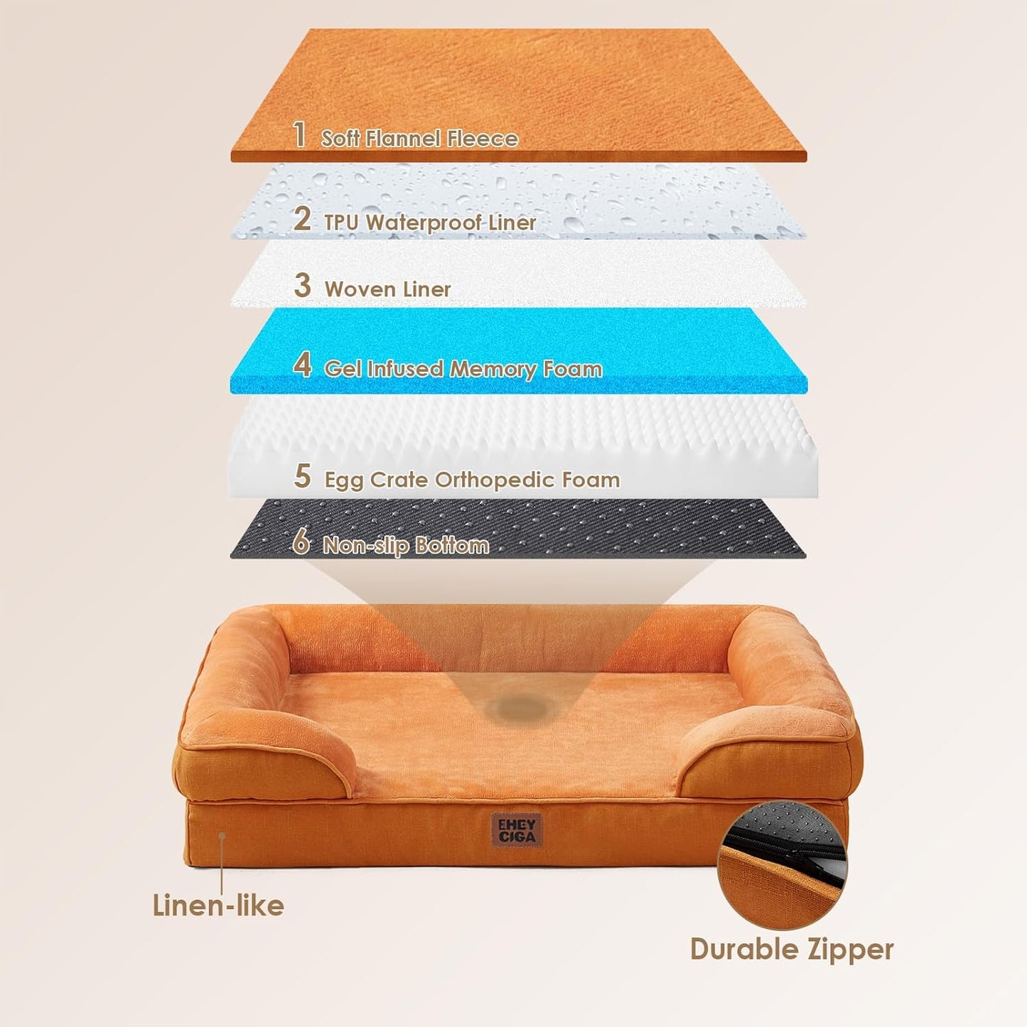 EHEYCIGA Orthopedic Dog Beds for Extra Large Dogs 44x32Inch, Waterproof Memory Foam XL Pet Bed with Sides, Non-Slip and Egg-Crate Foam Big Dog Couch Bed with Washable Removable Cover, Grey
