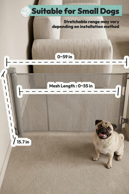 15.7" H Mesh Short Dog Gate, Extends Up to 59" W Retractable Pet Gate with Drill Installation, Small Dog Gate for Stairs, Easy Step Over Low Puppy Gate for Doorways Indoor Outdoor, Black