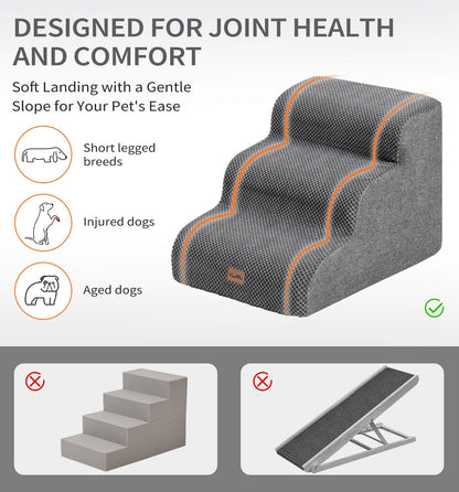 Made4Pets Dog Stairs Ramp for Small Dogs 15.7" H, 3-Step Dog Steps for Bed Couch Sofa and Chair, 35D Foam Pet Steps for Small Dogs and Cats, Non-Slip Bottom Pet Stairs, Grey