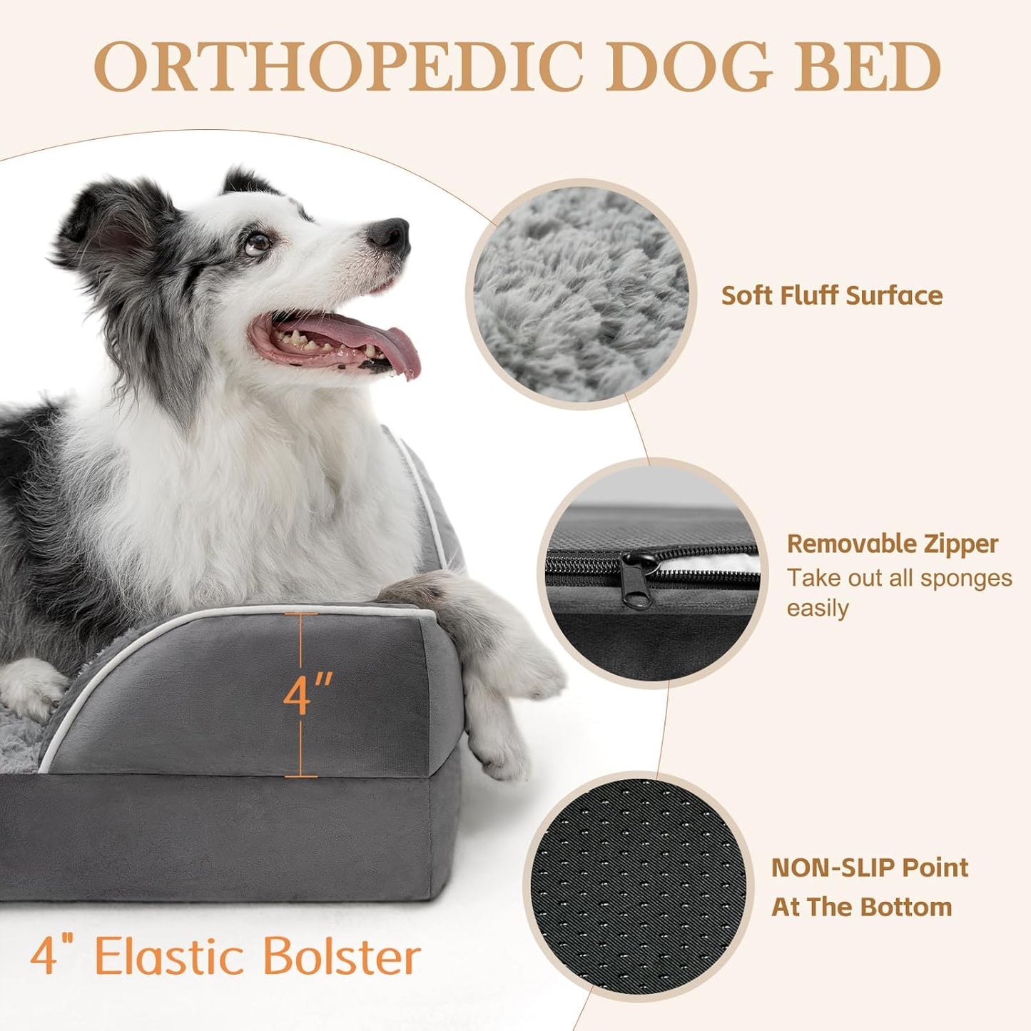 Comfort Expression Orthopedic Dog Bed for Extra Large Dogs 42x30 Inch, Waterproof Egg Crate Foam XL Pet Bed with Removable Bolsters, Dog Couch with Washable Cover & Non-Slip Bottom, Grey - Colors A