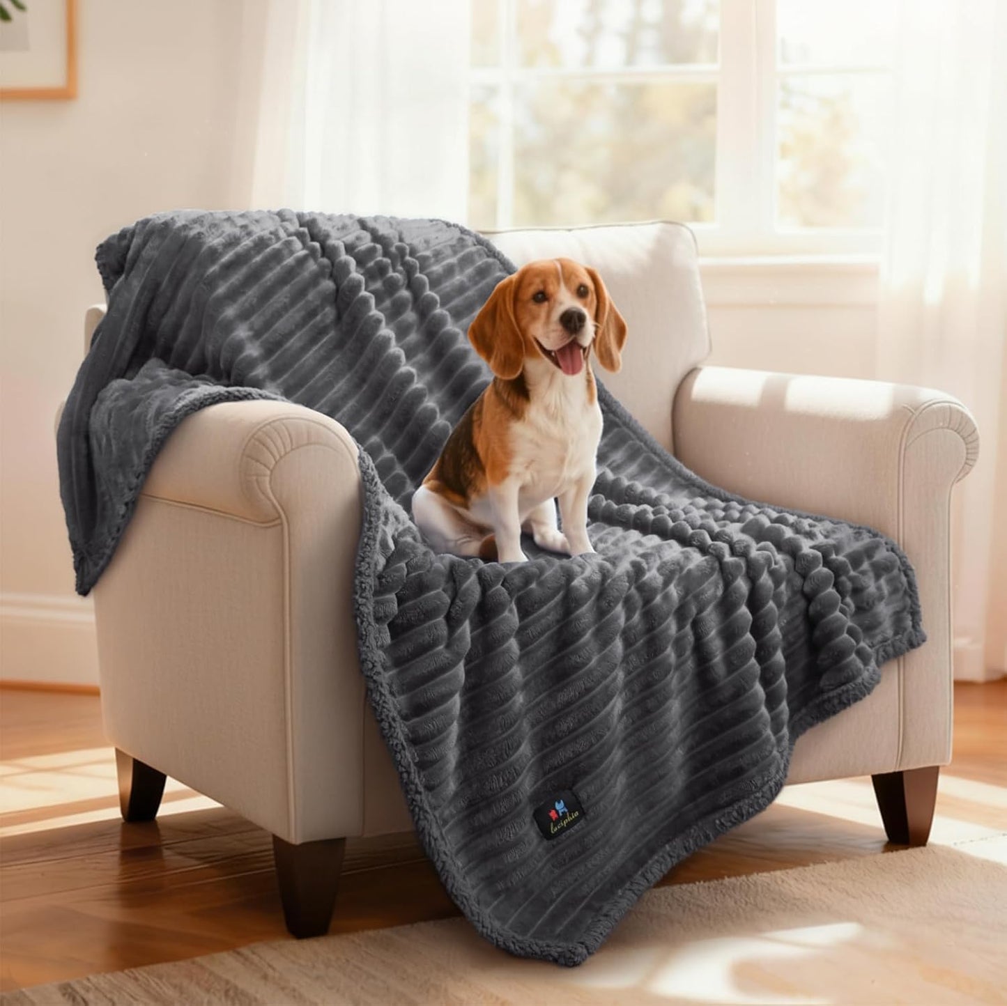 Luciphia Waterproof Dog Blanket for Large Dogs Ultra-Soft Calming Cut Pile Flannel Throw Durable & Warm Furniture Protection for Couch Bed Pet Blanket Machine Washable Stone Gray,L(65''x57'')