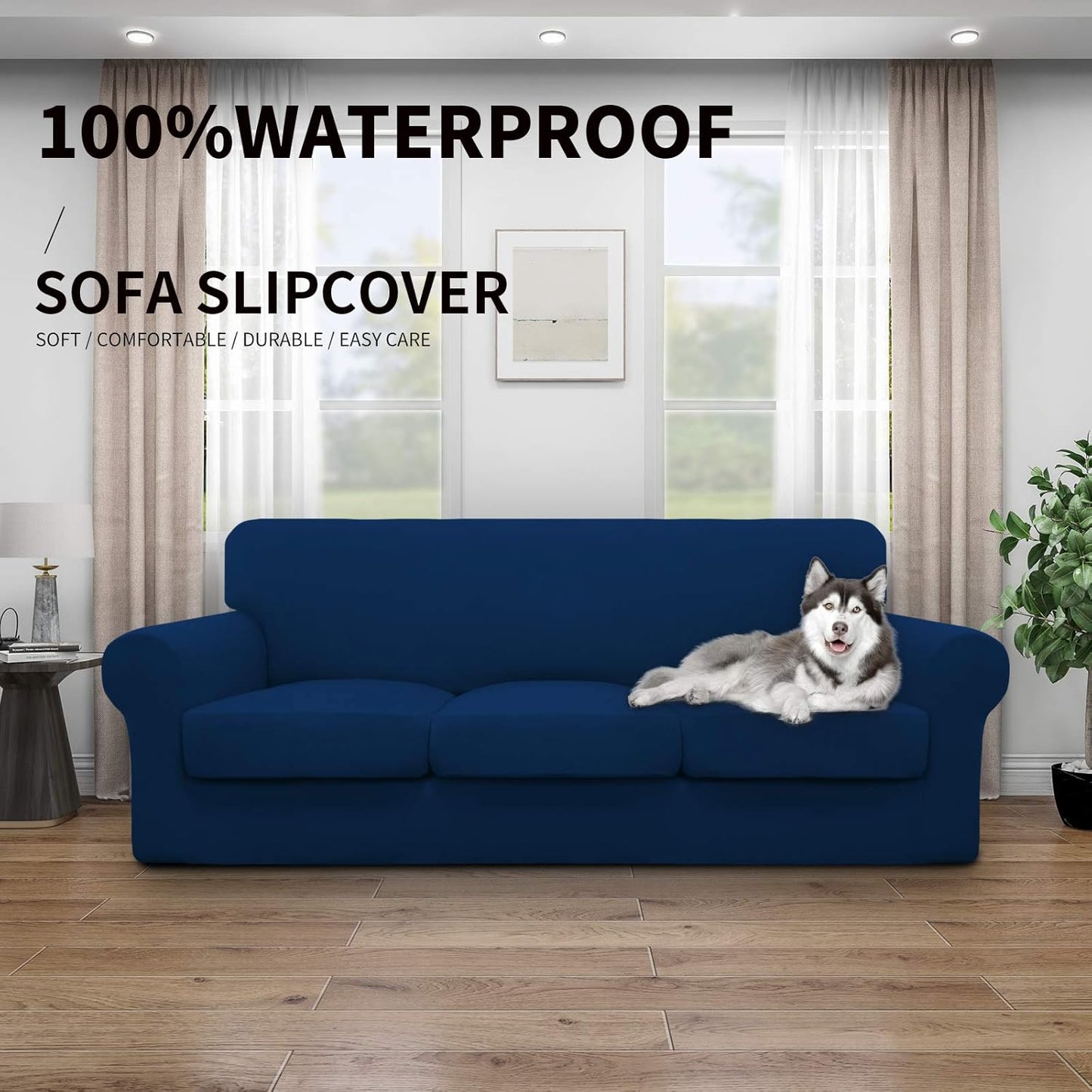 Easy-Going 100% Dual Waterproof 4 Pieces Stretch Soft Couch Cover for Dogs, Sofa Slipcover for 3 Separate Cushion Couch Leakproof Furniture Protector for Kids, Pets Dark Gray