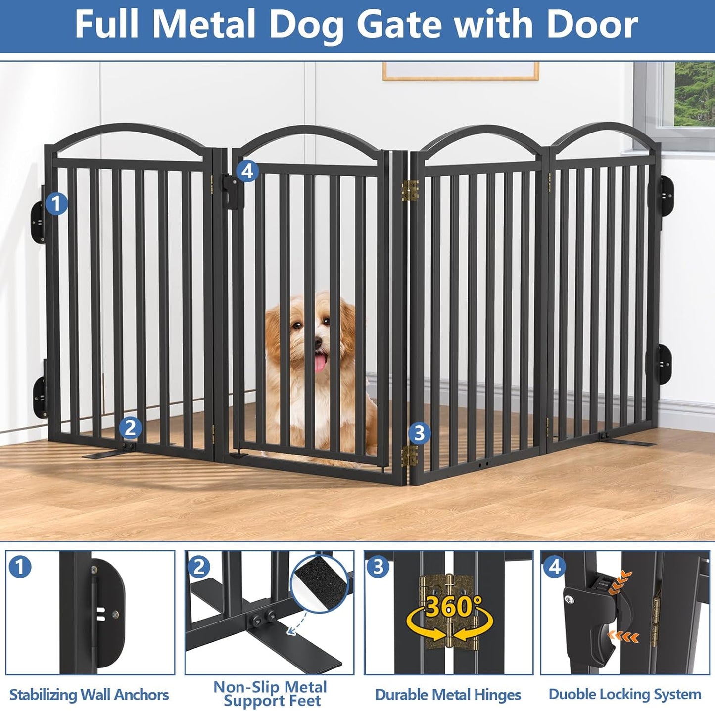 Malier Metal Freestanding Dog Gate, 32'' Height Outdoor Indoor Dog Fences, Extra Wide Foldable Puppy Gate for Stairs (Black, 【2 Panels】 40''W × 32''H)