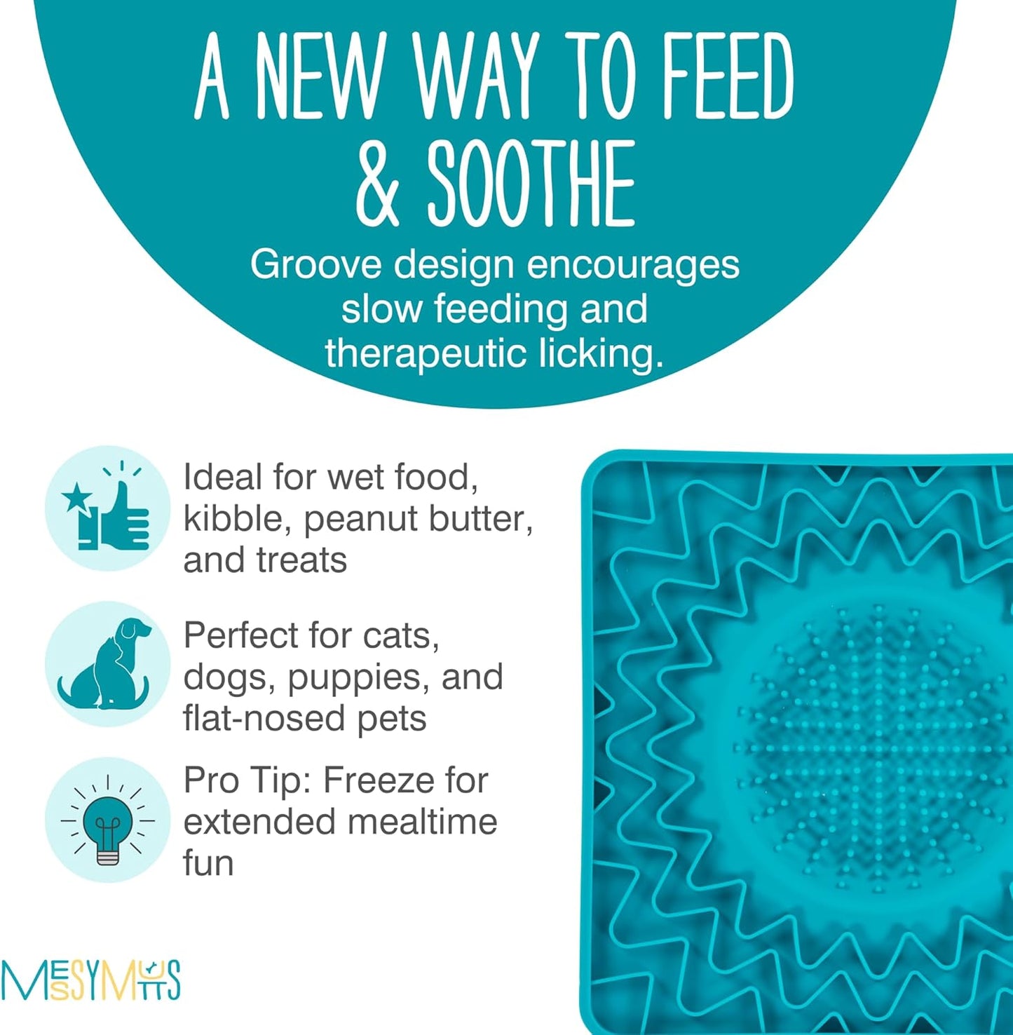 Messy Mutts Silicone Therapeutic Licking Bowl Mat | 10" x 10" | Slow Feeder Mat for Boredom & Anxiety | Lick Pad for Dogs & Cats (Blue)