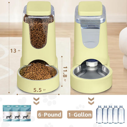 Automatic Cat Feeder and Water Dispenser with Stainless Steel Bowl Dog Gravity Food Feeder and Waterer for Small Medium Pets Puppy Kitten 1 Gallon x 2