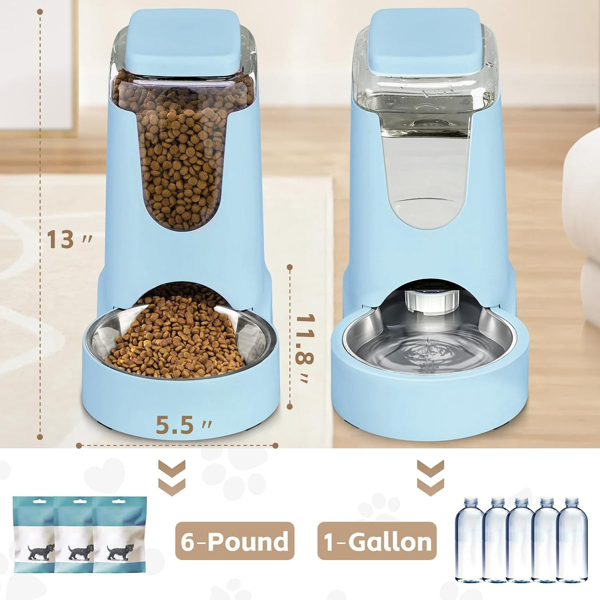 Automatic Cat Feeder and Water Dispenser with Stainless Steel Bowl Dog Gravity Food Feeder and Waterer for Small Medium Pets Puppy Kitten 1 Gallon x 2