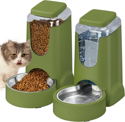 Automatic Cat Feeder and Water Dispenser with Stainless Steel Bowl Dog Gravity Food Feeder and Waterer for Small Medium Pets Puppy Kitten 1 Gallon x 2
