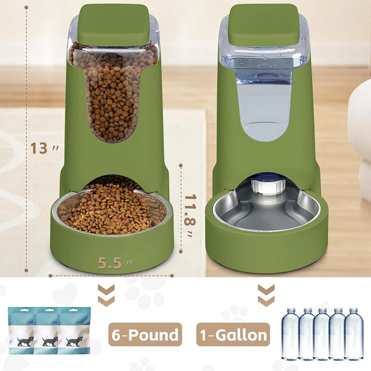 Automatic Cat Feeder and Water Dispenser with Stainless Steel Bowl Dog Gravity Food Feeder and Waterer for Small Medium Pets Puppy Kitten 1 Gallon x 2