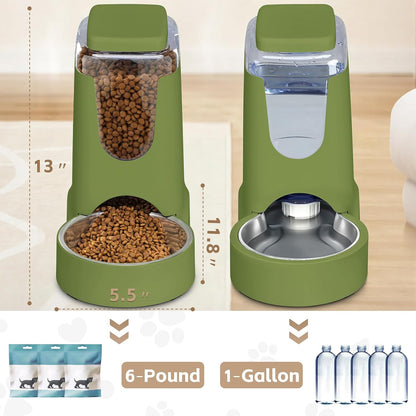 Automatic Cat Feeder and Water Dispenser with Stainless Steel Bowl Dog Gravity Food Feeder and Waterer for Small Medium Pets Puppy Kitten 1 Gallon x 2