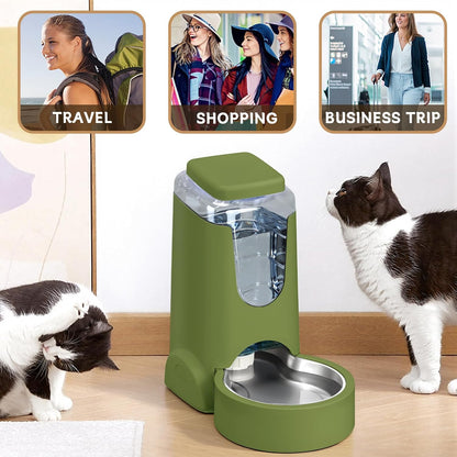 Automatic Cat Feeder and Water Dispenser with Stainless Steel Bowl Dog Gravity Food Feeder and Waterer for Small Medium Pets Puppy Kitten 1 Gallon x 2