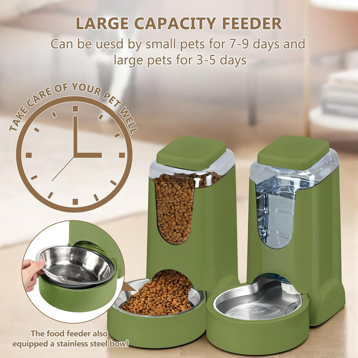 Automatic Cat Feeder and Water Dispenser with Stainless Steel Bowl Dog Gravity Food Feeder and Waterer for Small Medium Pets Puppy Kitten 1 Gallon x 2