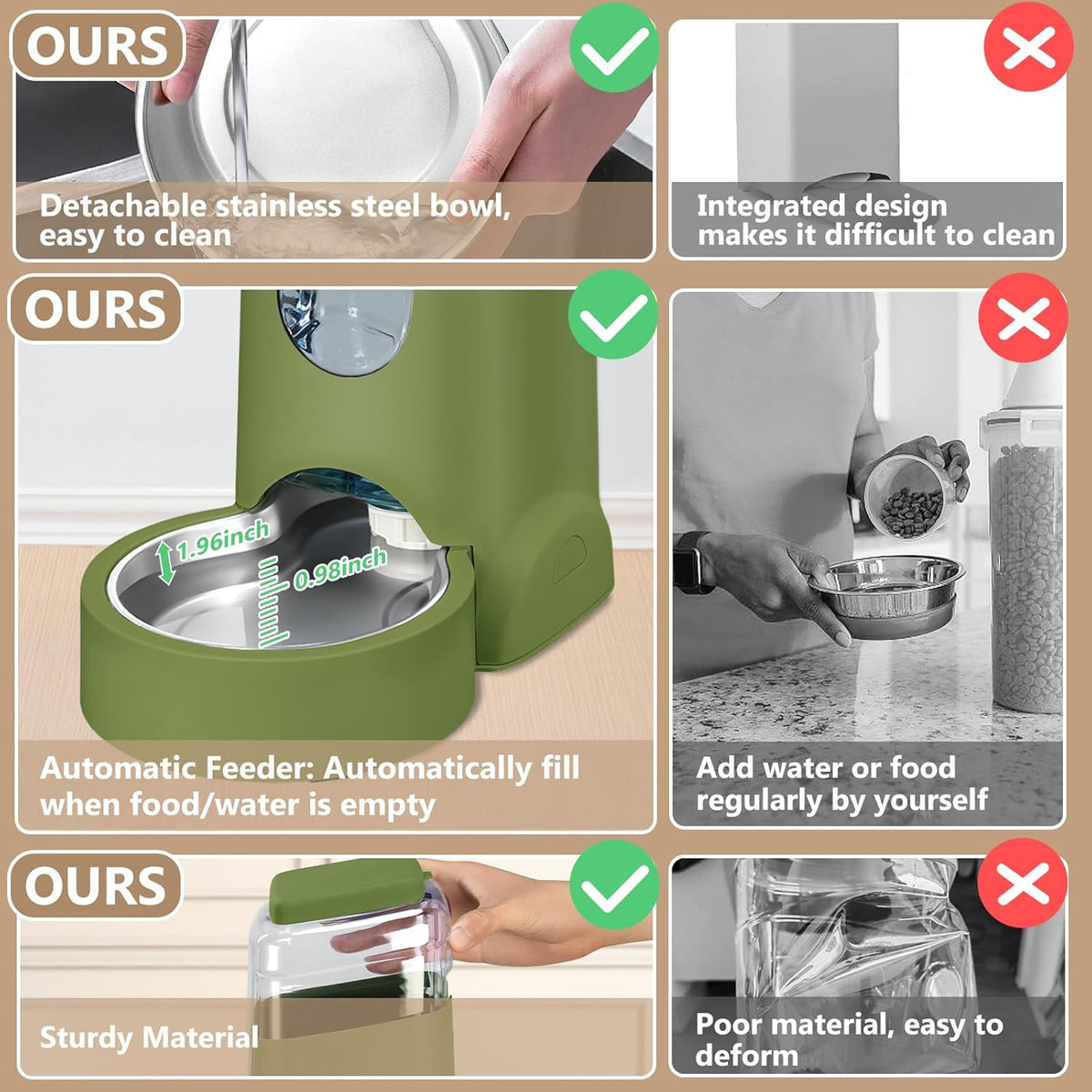 Automatic Cat Feeder and Water Dispenser with Stainless Steel Bowl Dog Gravity Food Feeder and Waterer for Small Medium Pets Puppy Kitten 1 Gallon x 2