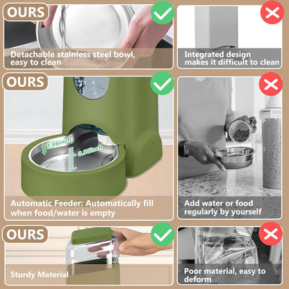 Automatic Cat Feeder and Water Dispenser with Stainless Steel Bowl Dog Gravity Food Feeder and Waterer for Small Medium Pets Puppy Kitten 1 Gallon x 2