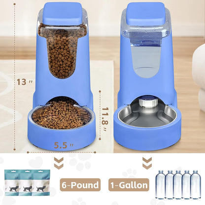 Automatic Cat Feeder and Water Dispenser with Stainless Steel Bowl Dog Gravity Food Feeder and Waterer for Small Medium Pets Puppy Kitten 1 Gallon x 2