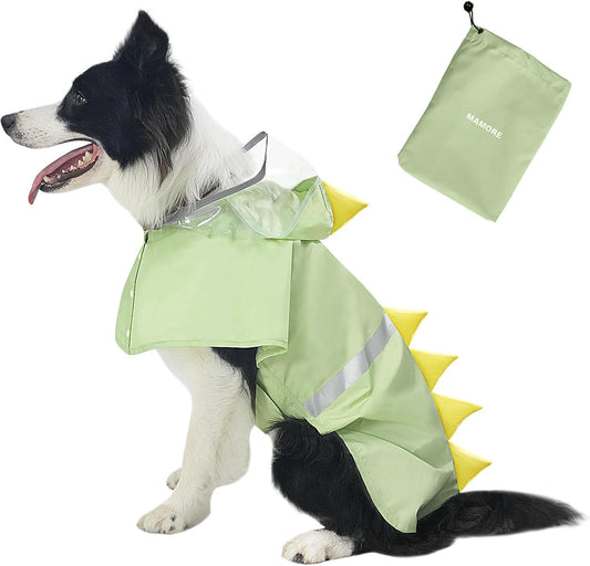 Dog Raincoat, Waterproof Reflective Adjustable Hooded Dog Rain Coat with Leash Hole, Lightweight Breathable Pet Poncho for Dogs (Green Dinosaur, Large(22-37lb))