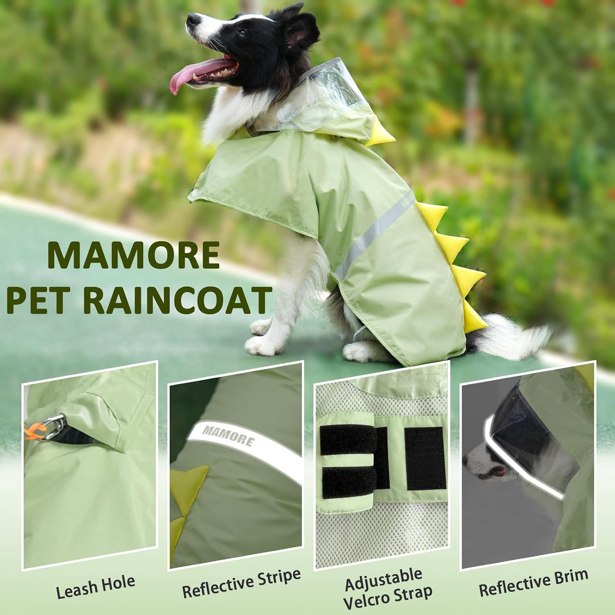 Dog Raincoat, Waterproof Reflective Adjustable Hooded Dog Rain Coat with Leash Hole, Lightweight Breathable Pet Poncho for Dogs (Green Dinosaur, Large(22-37lb))