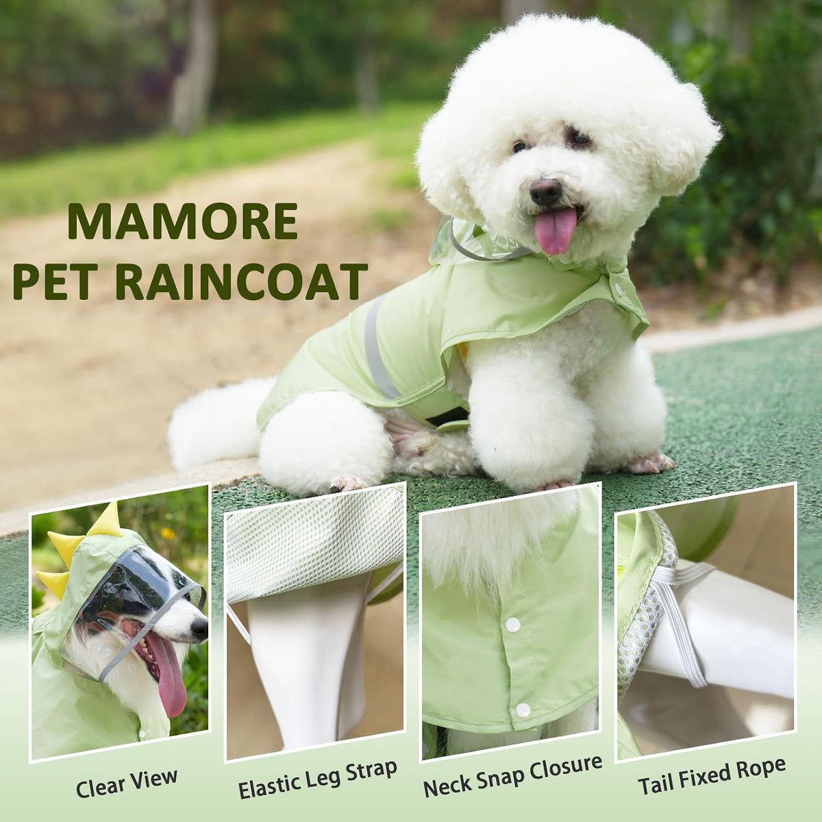 Dog Raincoat, Waterproof Reflective Adjustable Hooded Dog Rain Coat with Leash Hole, Lightweight Breathable Pet Poncho for Dogs (Green Dinosaur, Large(22-37lb))