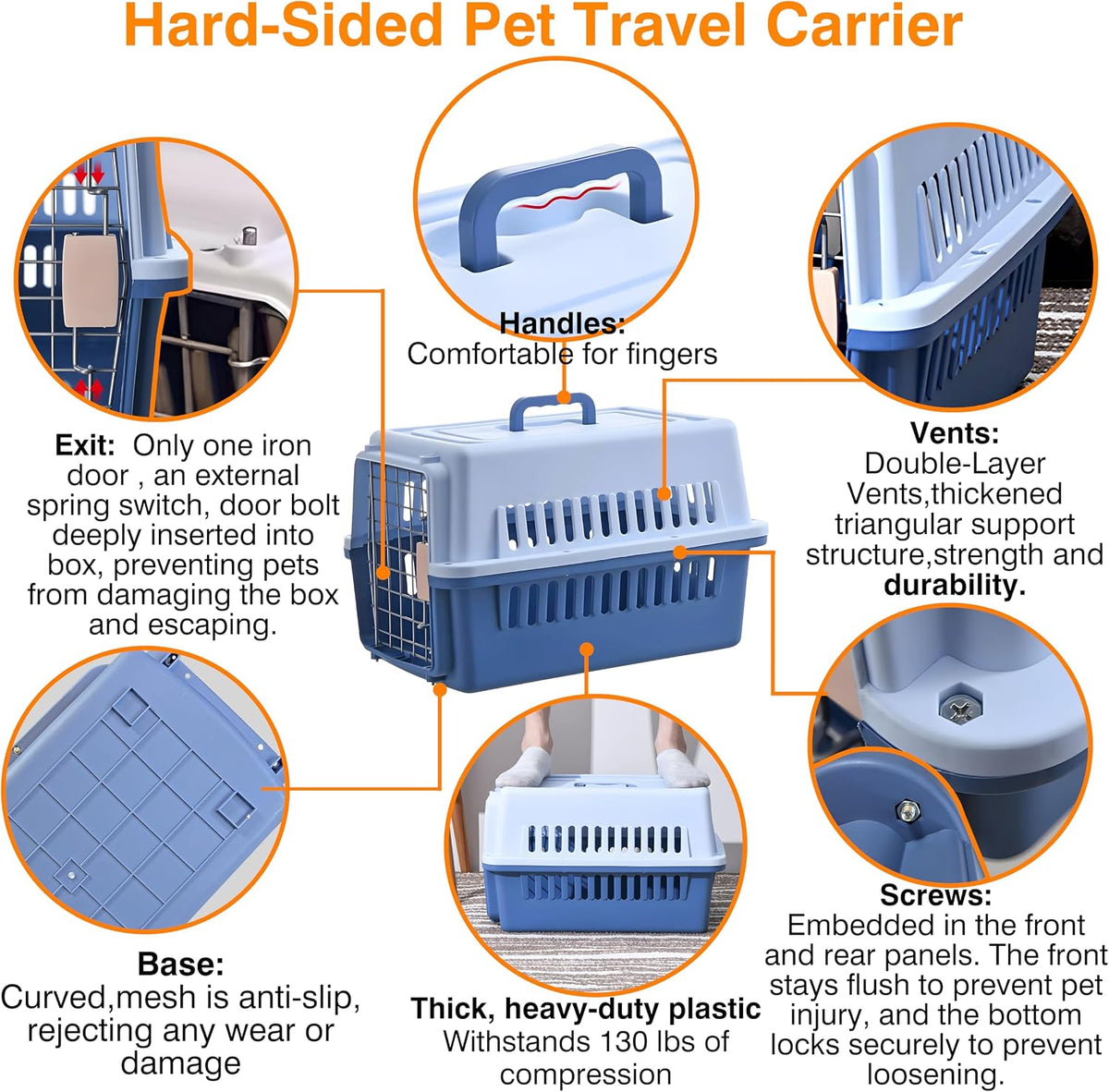 Pets Carrier,Kennel, 23in,Long,Hard-Sided,for Small Dog/Cat up to 20 lb,Suit for Airline/Road Travel (Blue, Large)