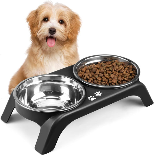 Elevated Dog Bowls, 4 Height Adjustable Raised Bowl Stand with 2 Thick 50oz Stainless Steel Food Bowls Non-Slip Feeder Adjusts to 3.7'', 9.2'', 10.75'', 12.36'' Black, (DB-W01)