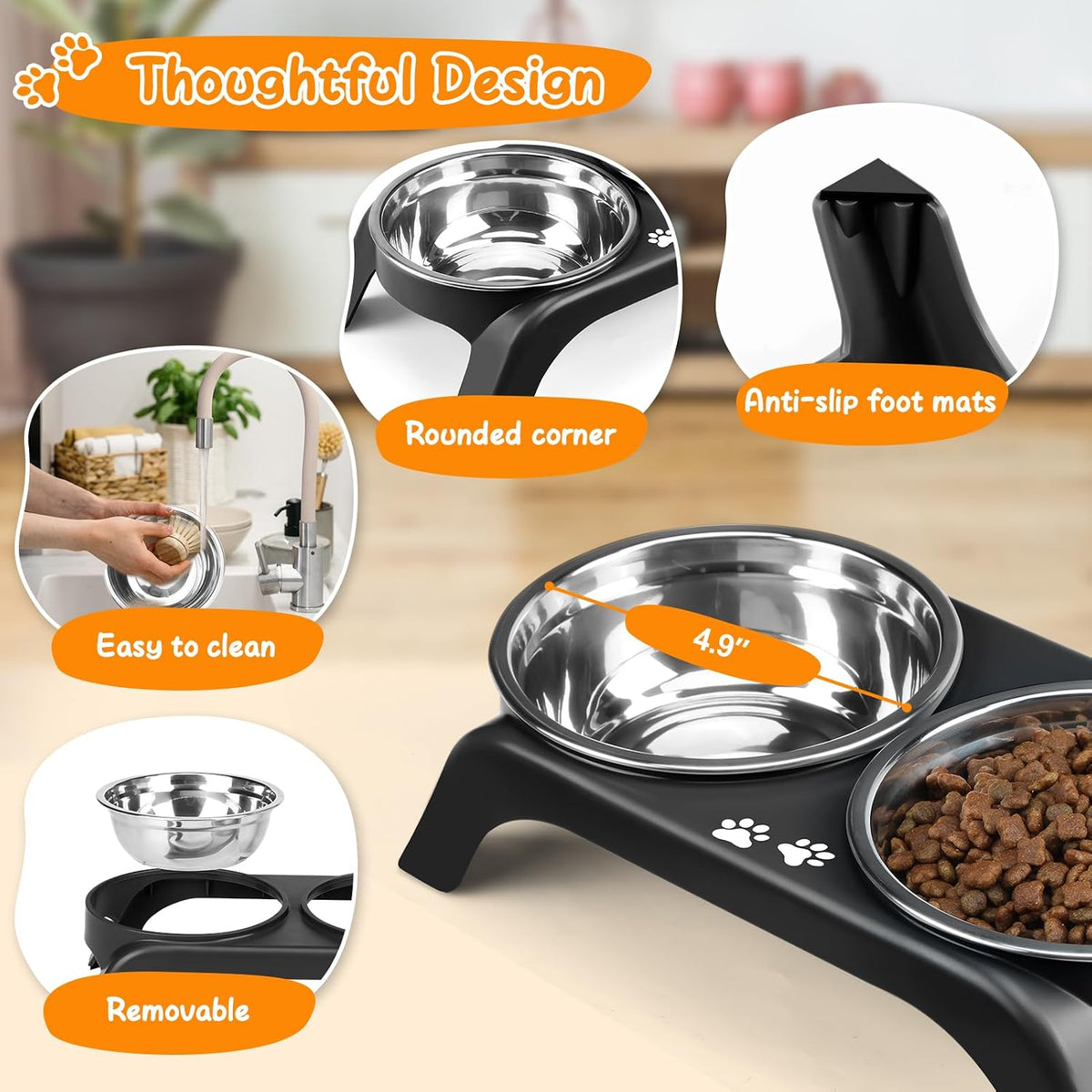 Elevated Dog Bowls, 4 Height Adjustable Raised Bowl Stand with 2 Thick 50oz Stainless Steel Food Bowls Non-Slip Feeder Adjusts to 3.7'', 9.2'', 10.75'', 12.36'' Black, (DB-W01)