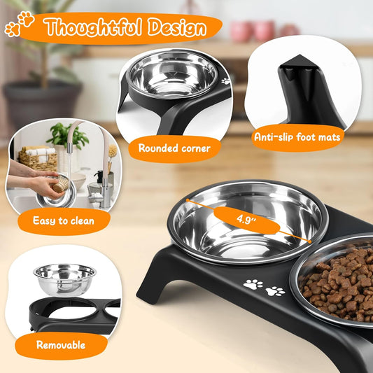 Elevated Dog Bowls, 4 Height Adjustable Raised Bowl Stand with 2 Thick 50oz Stainless Steel Food Bowls Non-Slip Feeder Adjusts to 3.7'', 9.2'', 10.75'', 12.36'' Black, (DB-W01)