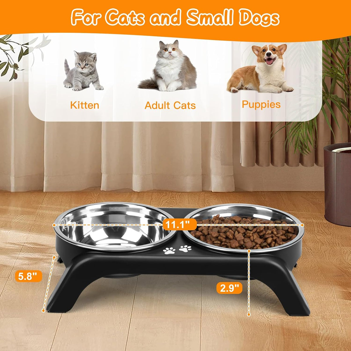 Elevated Dog Bowls, 4 Height Adjustable Raised Bowl Stand with 2 Thick 50oz Stainless Steel Food Bowls Non-Slip Feeder Adjusts to 3.7'', 9.2'', 10.75'', 12.36'' Black, (DB-W01)